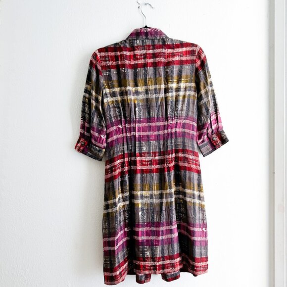 TRINA TURK 100& Silk Plaid Shirt Dress with Pin-tuck Waist - Picture 8 of 9